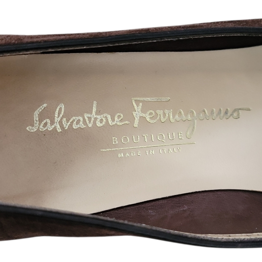 Salvatore Ferragamo Stitched Gancini Bit Wedge Loafer in Brown Suede - Picture 8 of 9